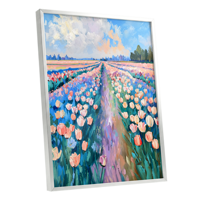 Tulip Skies, blue, green, pink floral wall art shown as a silver framed poster wall art print