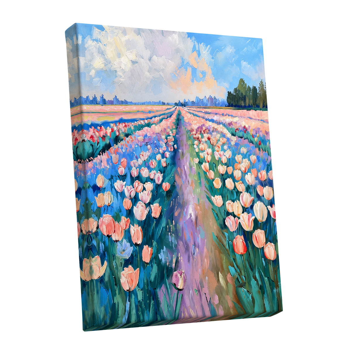 Tulip Skies, blue, green, pink floral wall art shown as a stretched canvas wall art