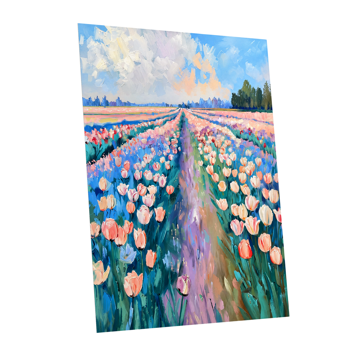 Tulip Skies, blue, green, pink floral wall art shown as a unframed poster wall art print