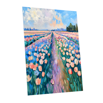 Tulip Skies, blue, green, pink floral wall art shown as a unframed poster wall art print