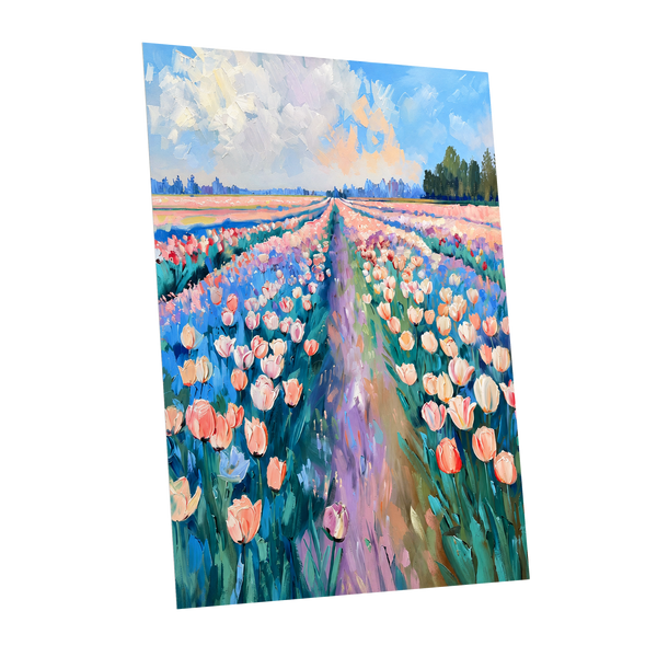 Tulip Skies, blue, green, pink floral wall art shown as a unframed poster wall art print