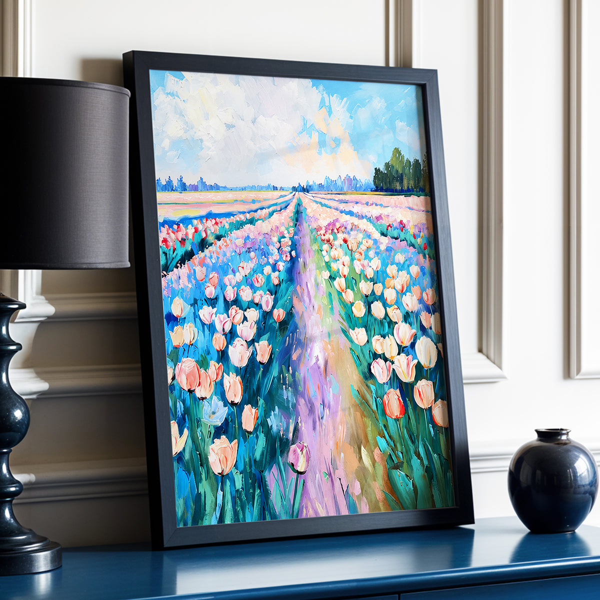 Tulip Skies, blue, green, pink floral wall art displayed in a styled interior, gallery view 2