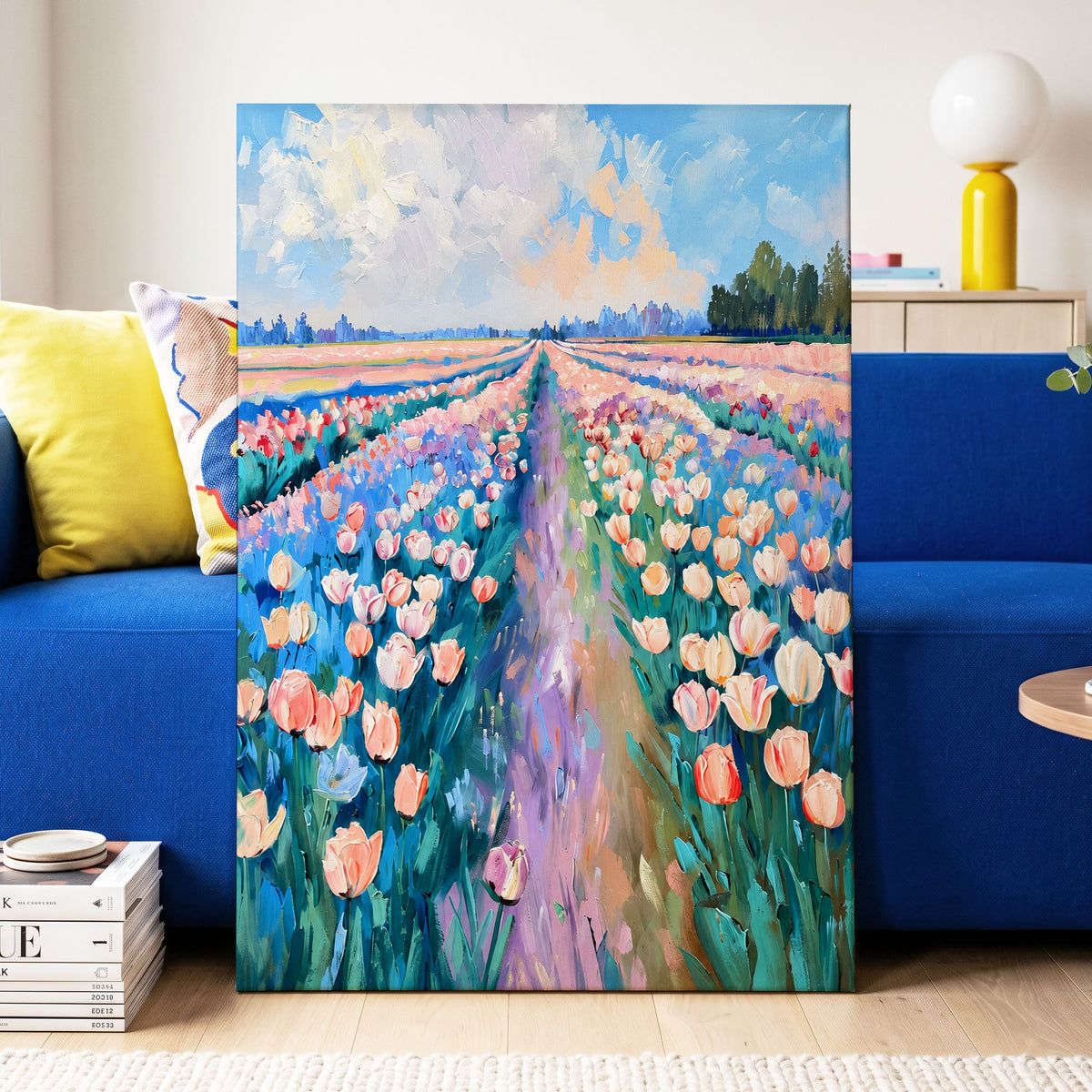 Tulip Skies, blue, green, pink floral wall art displayed in a styled interior, gallery view 3
