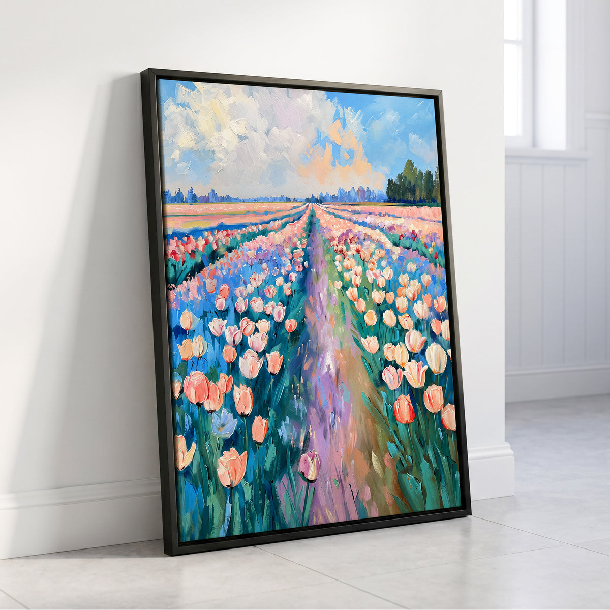 Tulip Skies, blue, green, pink floral wall art displayed in a styled interior, gallery view 4