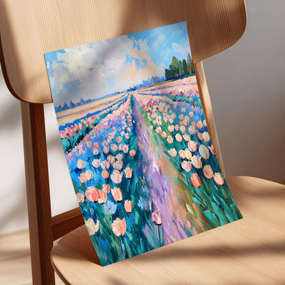 Tulip Skies, blue, green, pink floral wall art displayed in a styled interior, gallery view 5
