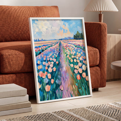 Tulip Skies, blue, green, pink floral wall art displayed in a styled interior, gallery view 6
