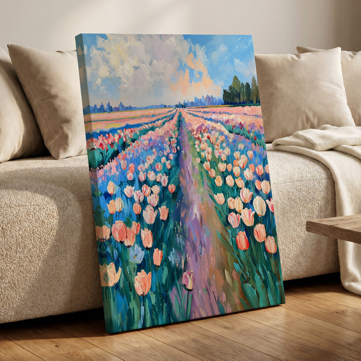Tulip Skies, blue, green, pink floral wall art displayed in a styled interior, gallery view 7