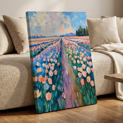 Tulip Skies, blue, green, pink floral wall art displayed in a styled interior, gallery view 7
