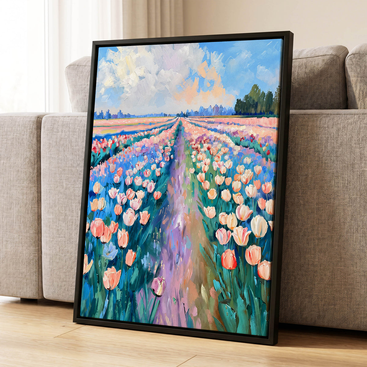 Tulip Skies, blue, green, pink floral wall art displayed in a styled interior, gallery view 8