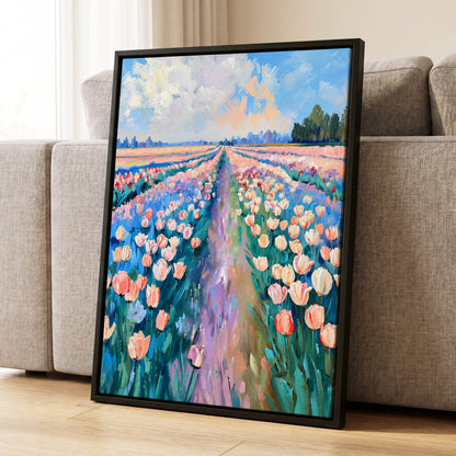 Tulip Skies, blue, green, pink floral wall art displayed in a styled interior, gallery view 8