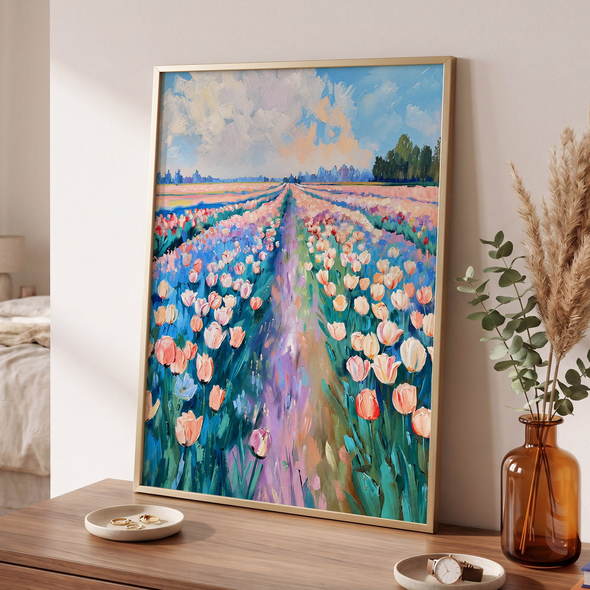 Tulip Skies, blue, green, pink floral wall art displayed in a styled interior, gallery view 9