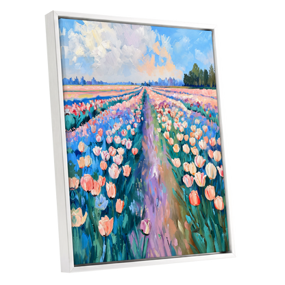 Tulip Skies, blue, green, pink floral wall art shown as a white framed canvas wall art