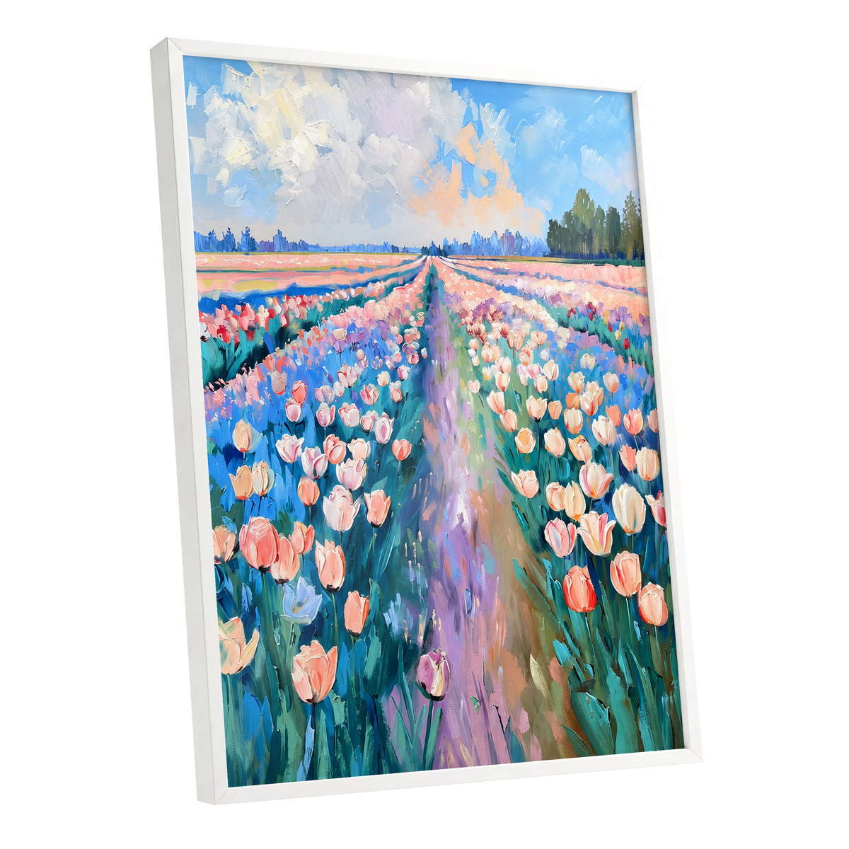 Tulip Skies, blue, green, pink floral wall art shown as a white framed poster wall art print