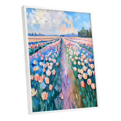 Tulip Skies, blue, green, pink floral wall art shown as a white framed poster wall art print