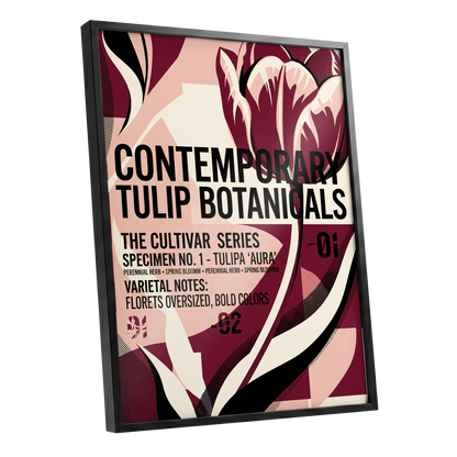 Tulipa Aura Study, red, pink, black floral wall art shown as a black framed poster wall art print