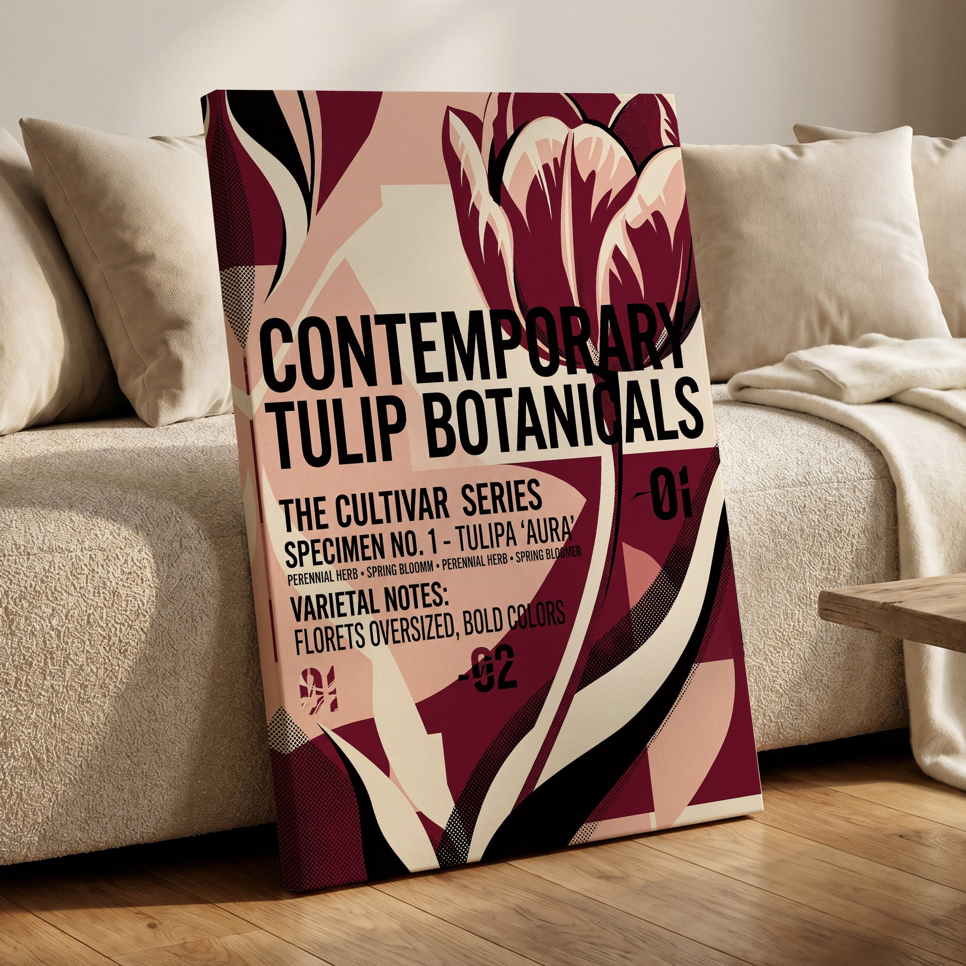 Tulipa Aura Study, red, pink, black floral wall art on canvas displayed in a styled interior, gallery view 1