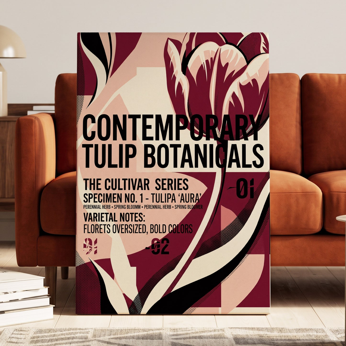 Tulipa Aura Study, red, pink, black floral wall art on canvas displayed in a styled interior, gallery view 2