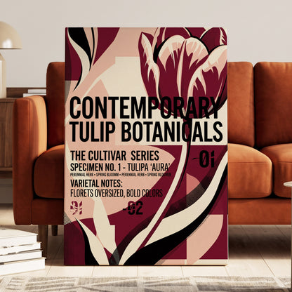 Tulipa Aura Study, red, pink, black floral wall art on canvas displayed in a styled interior, gallery view 2