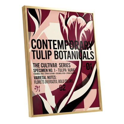 Tulipa Aura Study, red, pink, black floral wall art shown as a gold framed poster wall art print