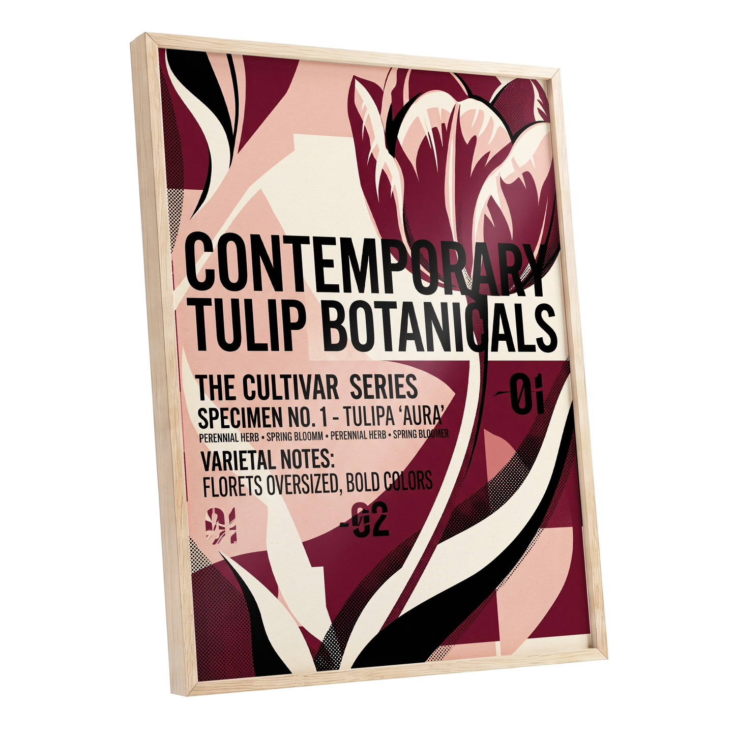 Tulipa Aura Study, red, pink, black floral wall art shown as a oak framed poster wall art print