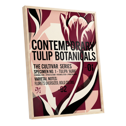 Tulipa Aura Study, red, pink, black floral wall art shown as a oak framed poster wall art print