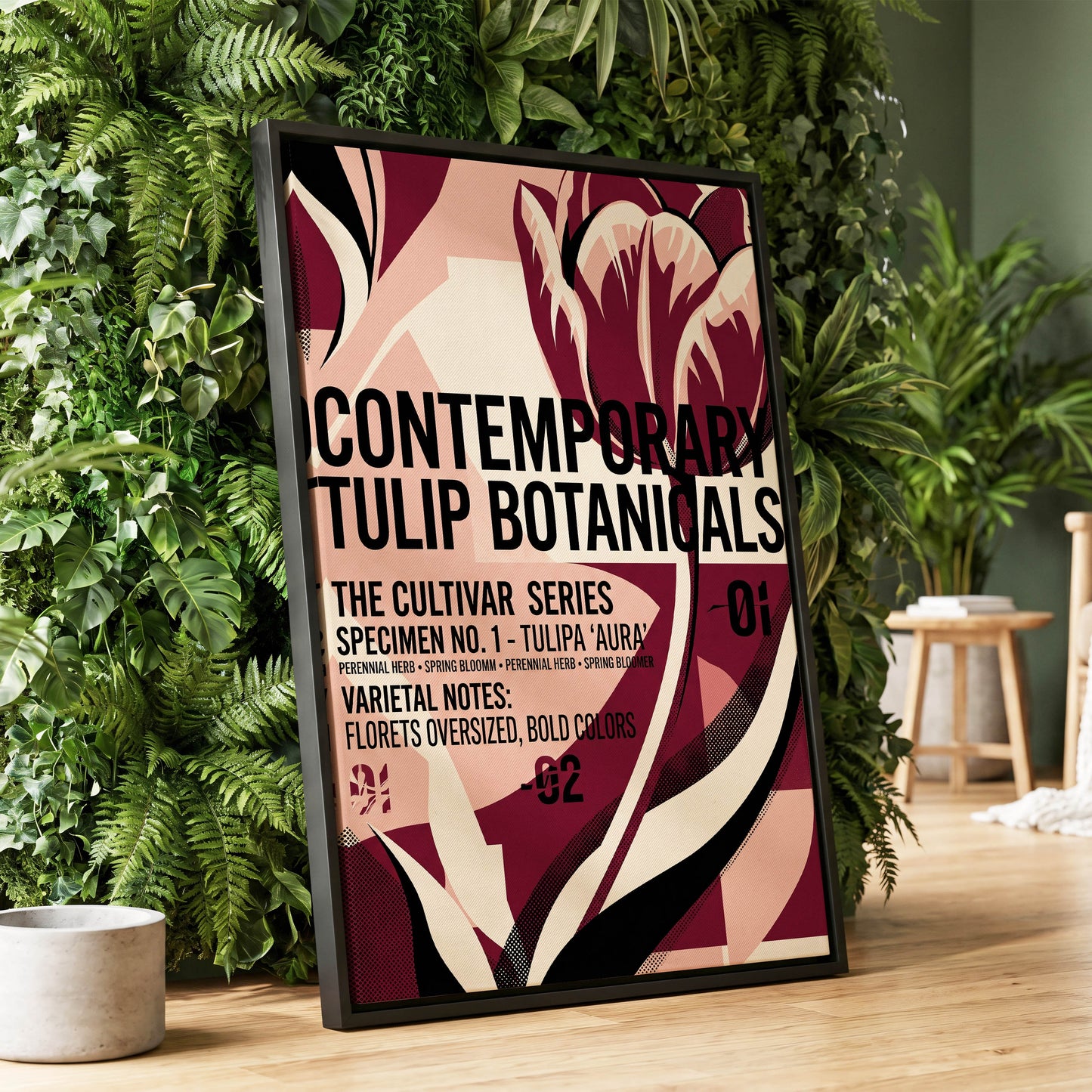 Tulipa Aura Study, red, pink, black floral wall art displayed in a styled interior, gallery view 1