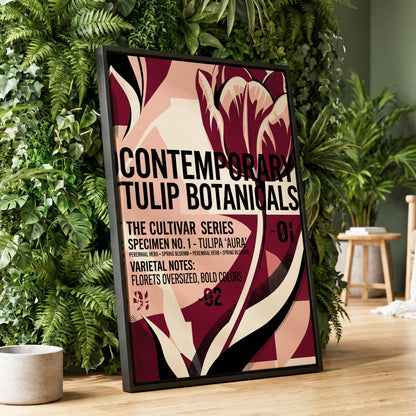 Tulipa Aura Study, red, pink, black floral wall art displayed in a styled interior, gallery view 1
