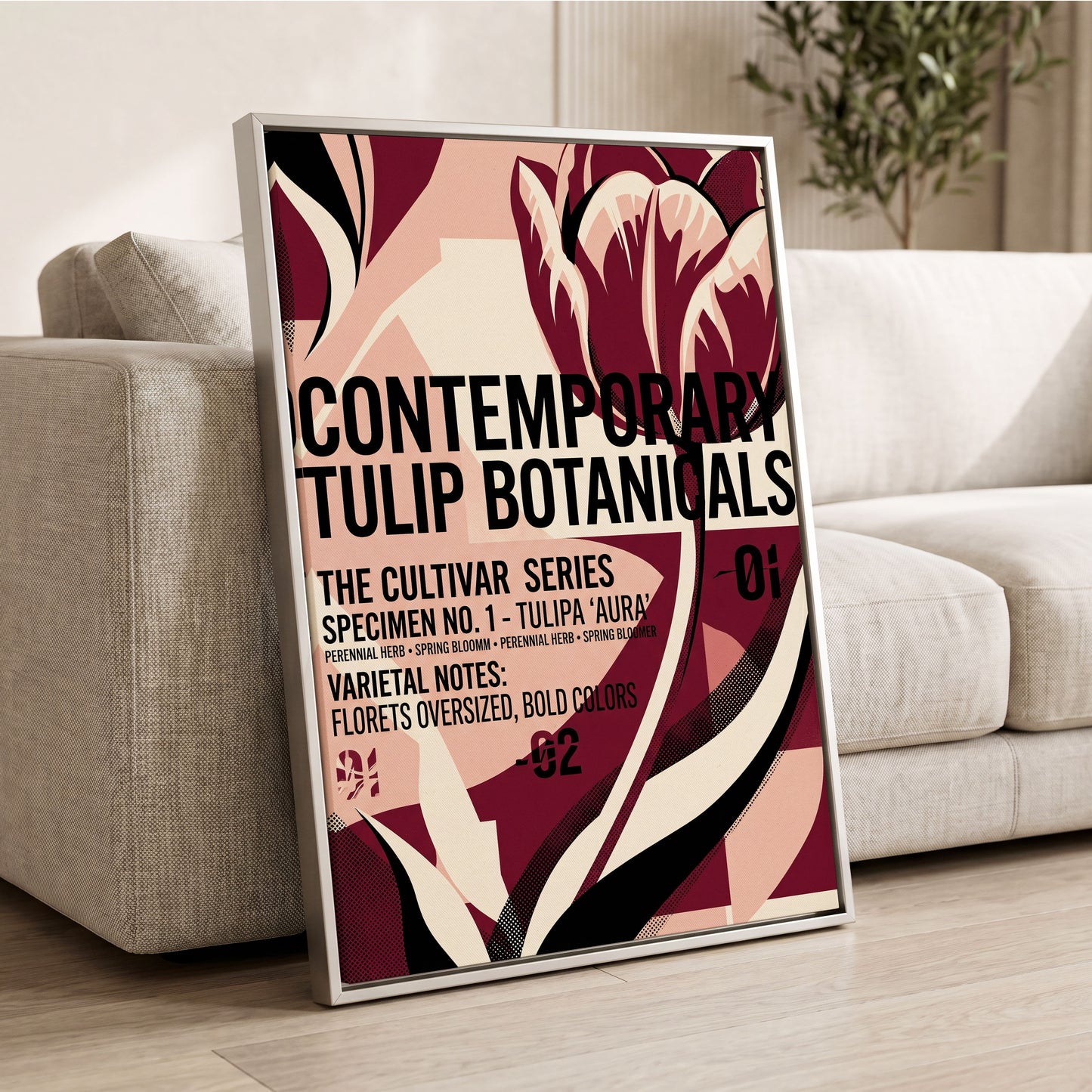Tulipa Aura Study, red, pink, black floral wall art displayed in a styled interior, gallery view 2