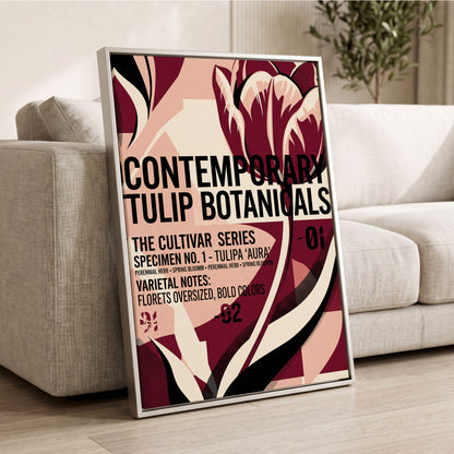 Tulipa Aura Study, red, pink, black floral wall art displayed in a styled interior, gallery view 2