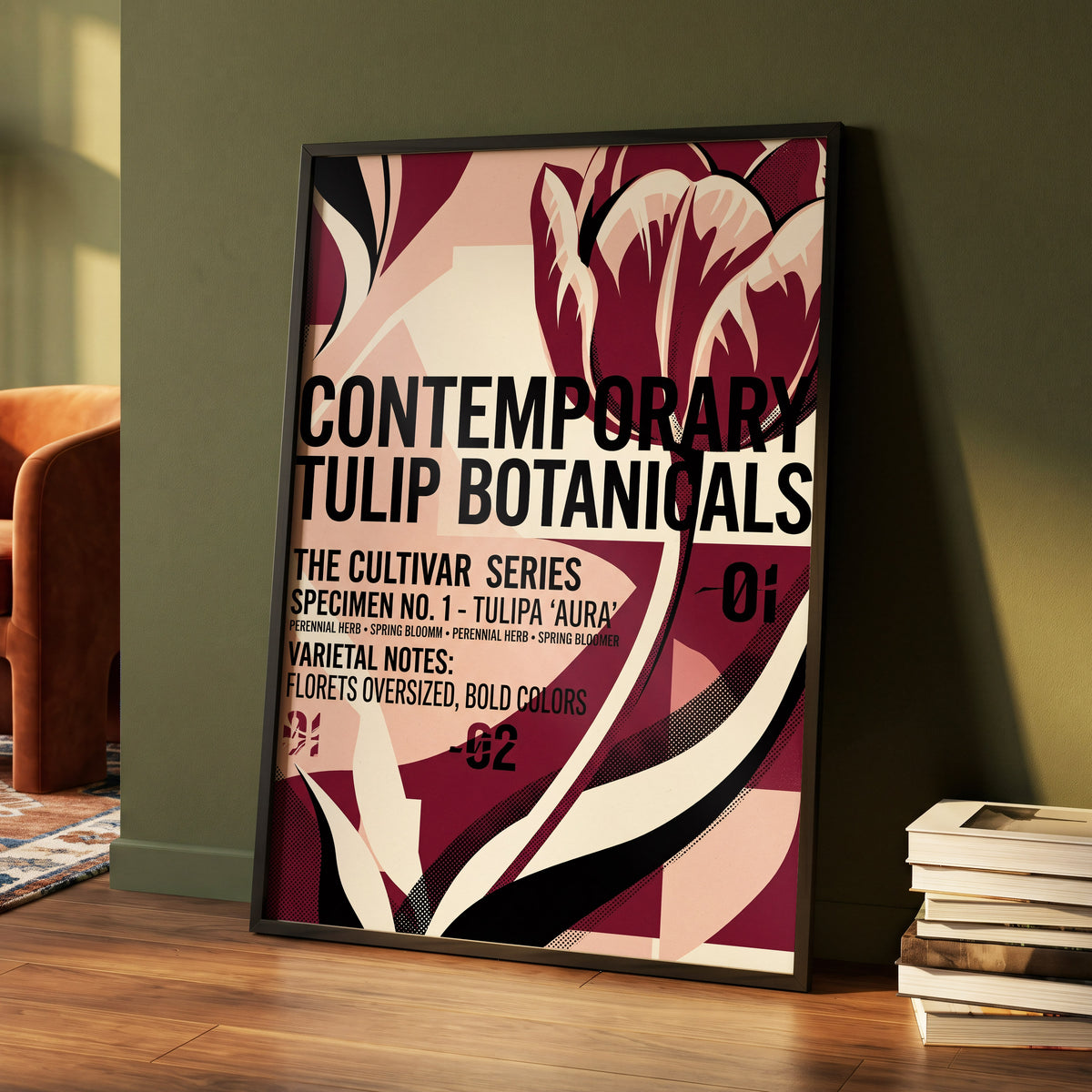 Tulipa Aura Study, red, pink, black floral wall art displayed in a styled interior, gallery view 4