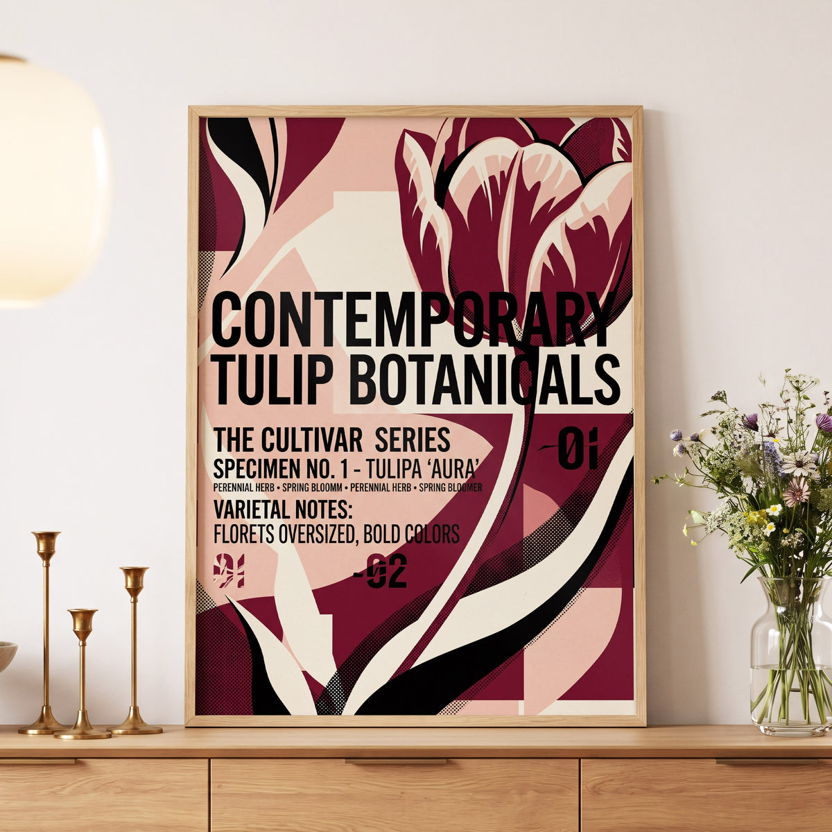 Tulipa Aura Study, red, pink, black floral wall art displayed in a styled interior, gallery view 5