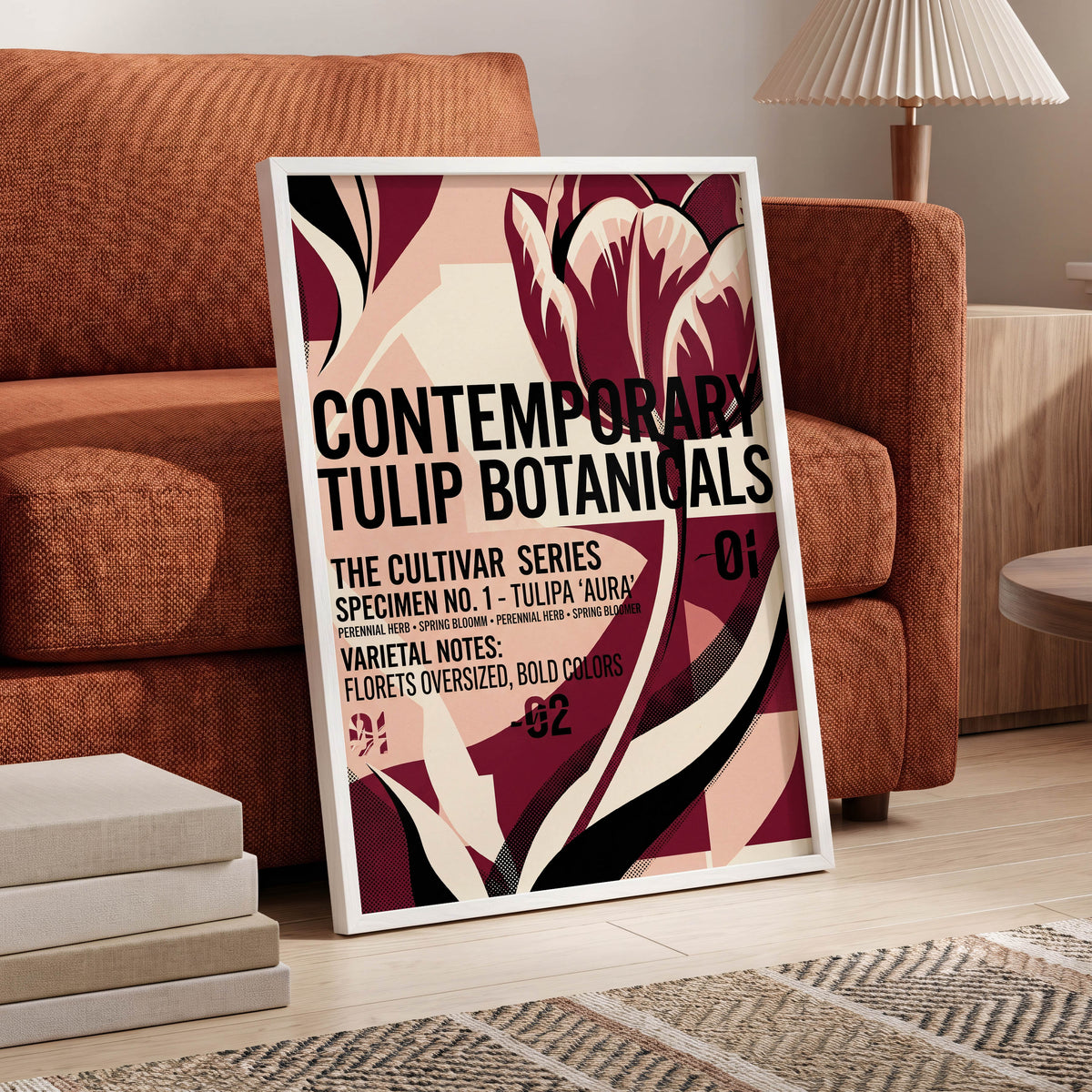 Tulipa Aura Study, red, pink, black floral wall art displayed in a styled interior, gallery view 6