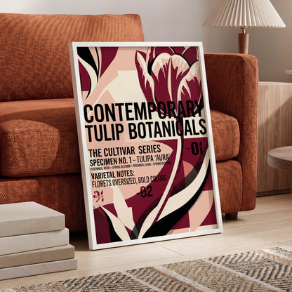 Tulipa Aura Study, red, pink, black floral wall art displayed in a styled interior, gallery view 6