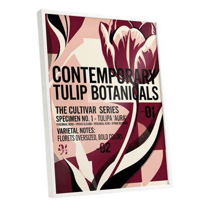 Tulipa Aura Study, red, pink, black floral wall art shown as a white framed poster wall art print