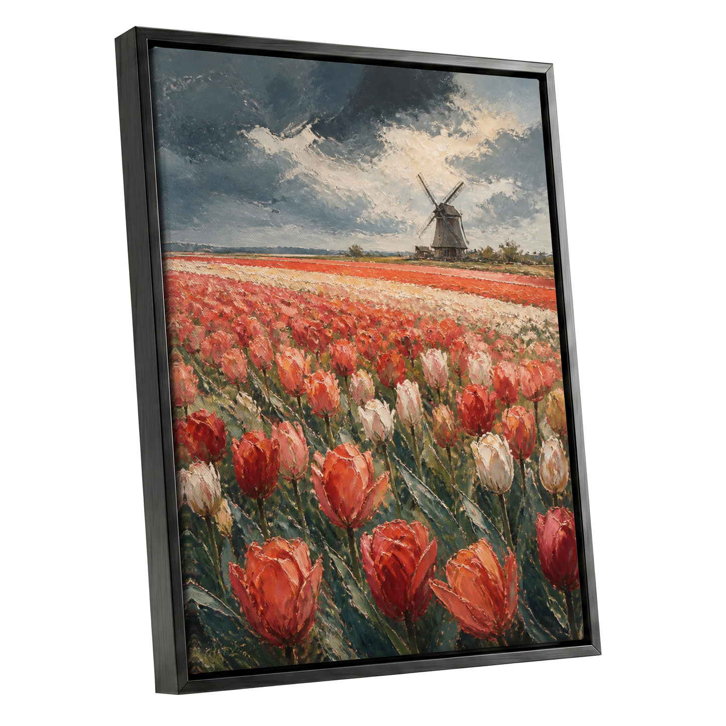 Tulips Beneath Stormlight, red, green, gray floral wall art shown as a black framed canvas wall art