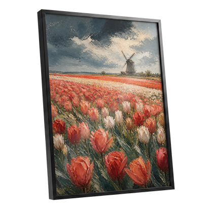 Tulips Beneath Stormlight, red, green, gray floral wall art shown as a black framed poster wall art print
