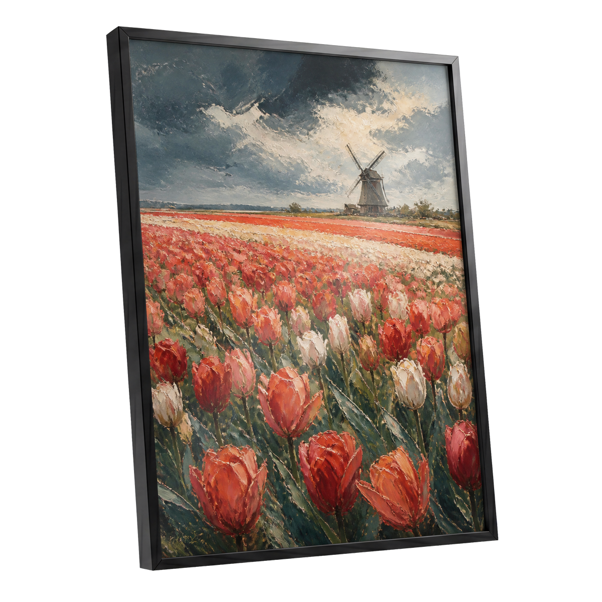 Tulips Beneath Stormlight, red, green, gray floral wall art shown as a black framed poster wall art print