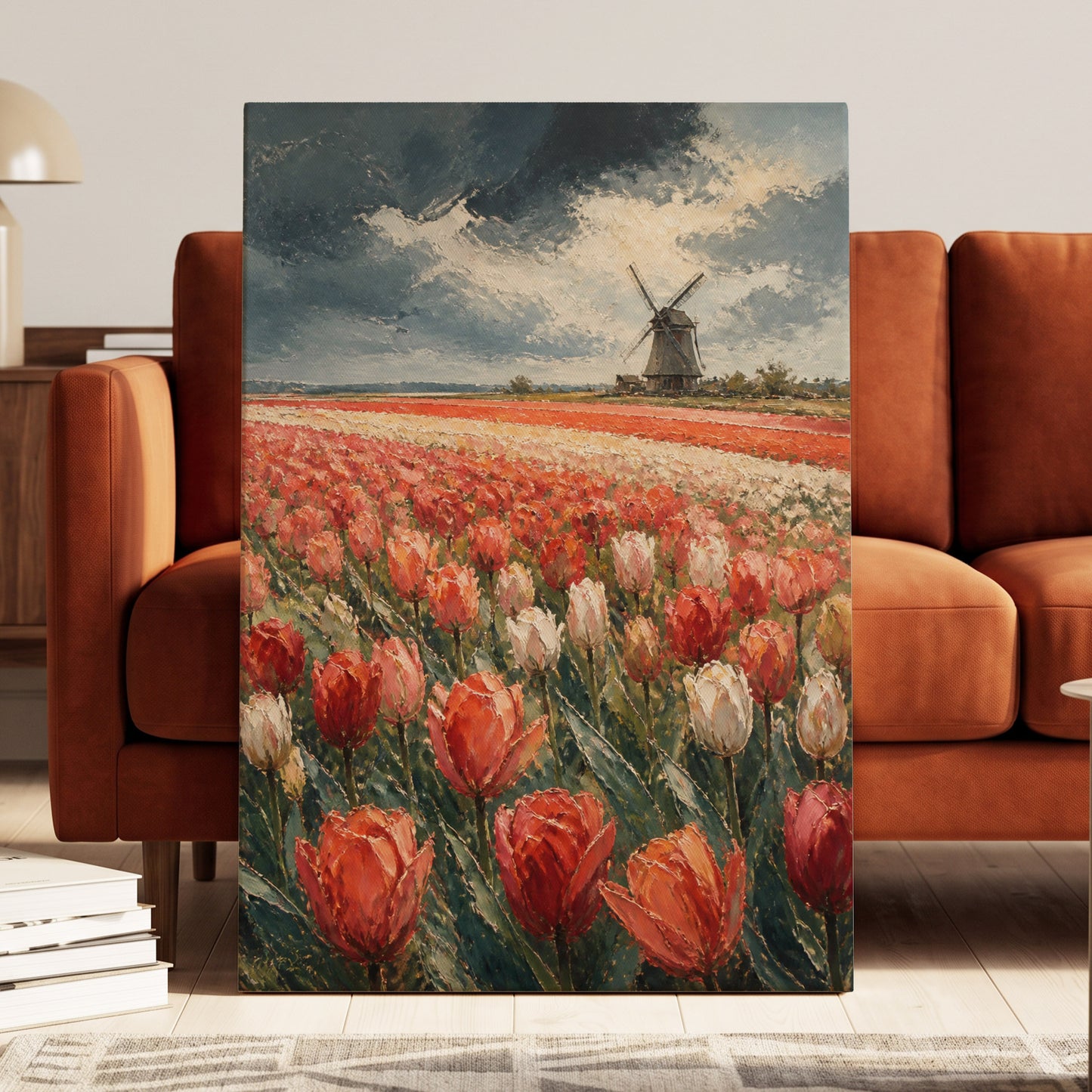 Tulips Beneath Stormlight, red, green, gray floral wall art on canvas displayed in a styled interior, gallery view 1