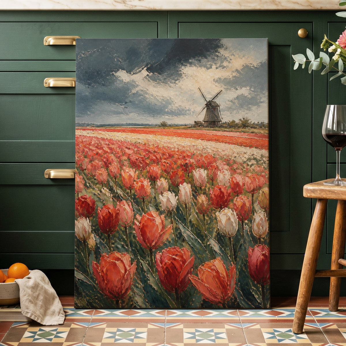 Tulips Beneath Stormlight, red, green, gray floral wall art on canvas displayed in a styled interior, gallery view 1