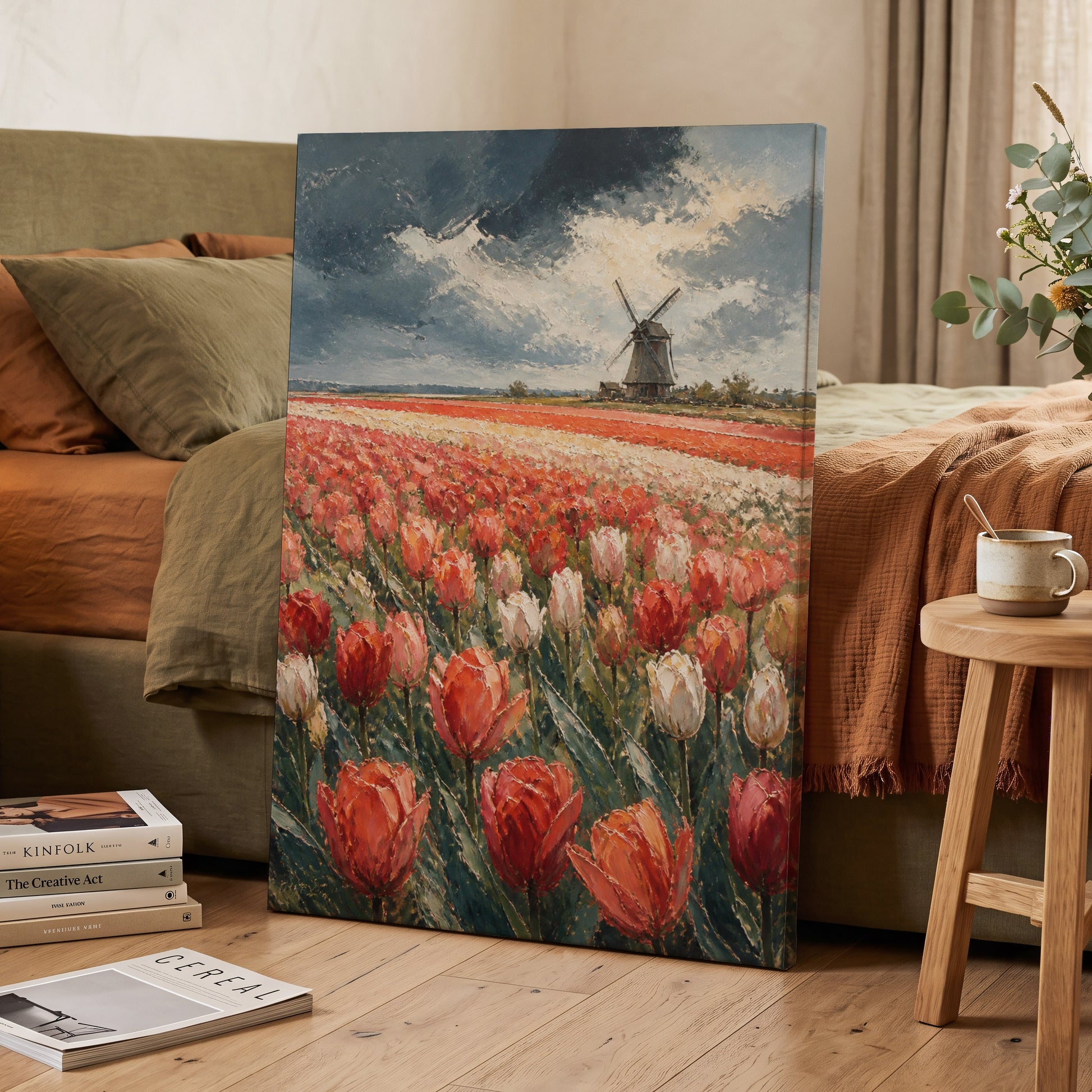 Tulips Beneath Stormlight, red, green, gray floral wall art on canvas displayed in a styled interior, gallery view 2