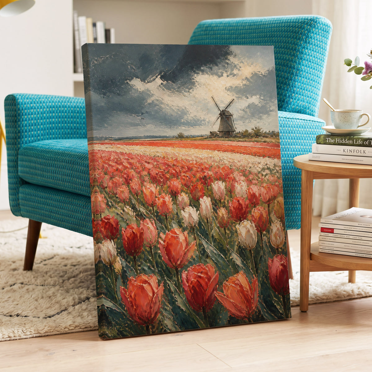 Tulips Beneath Stormlight, red, green, gray floral wall art on canvas displayed in a styled interior, gallery view 2