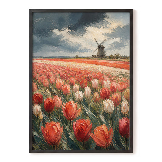 Tulips Beneath Stormlight, red, green, gray floral wall art, front artwork view