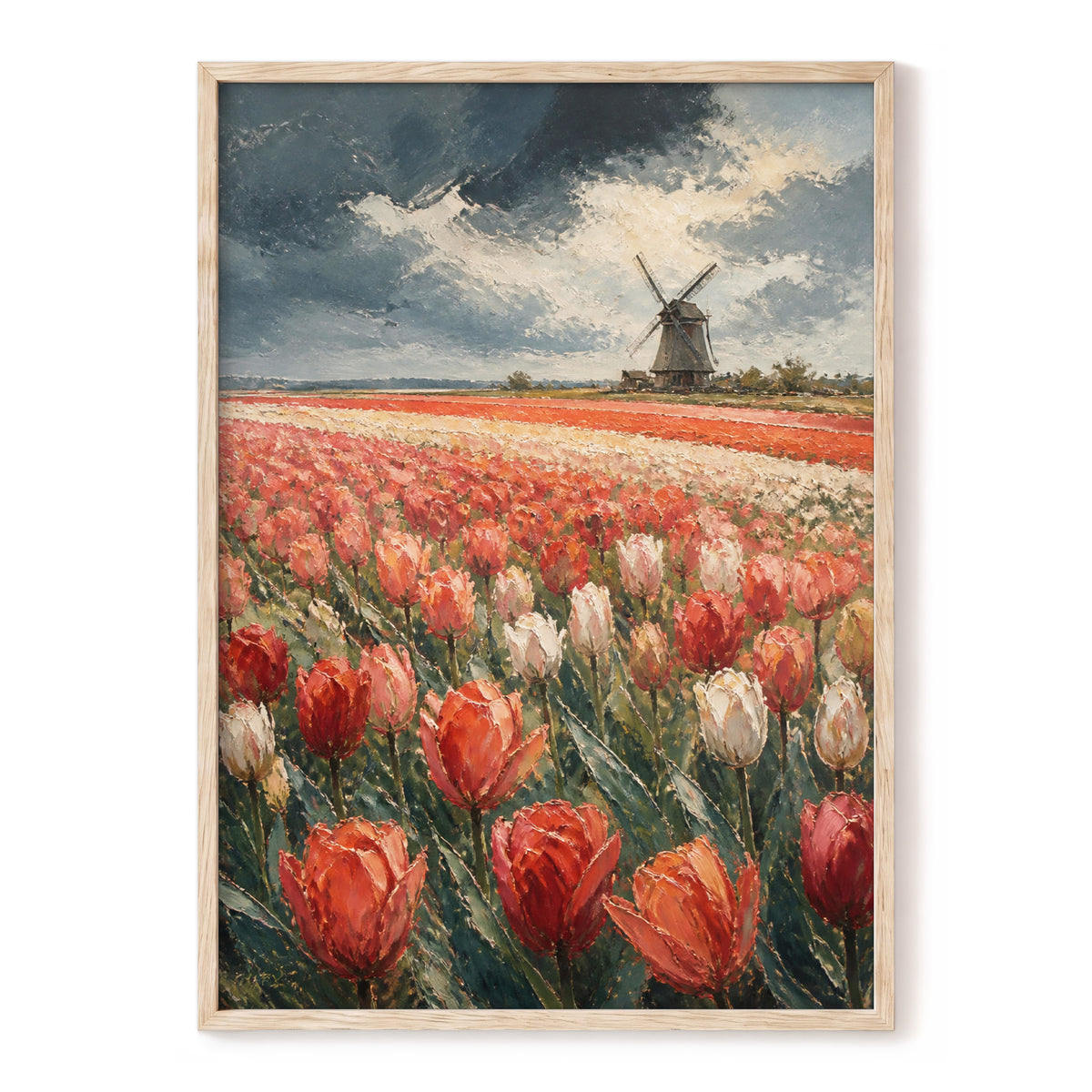 Tulips Beneath Stormlight, red, green, gray floral wall art, front artwork view