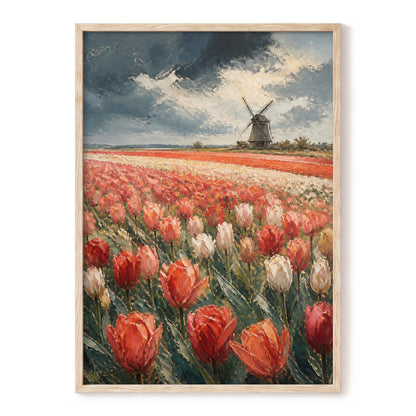 Tulips Beneath Stormlight, red, green, gray floral wall art, front artwork view