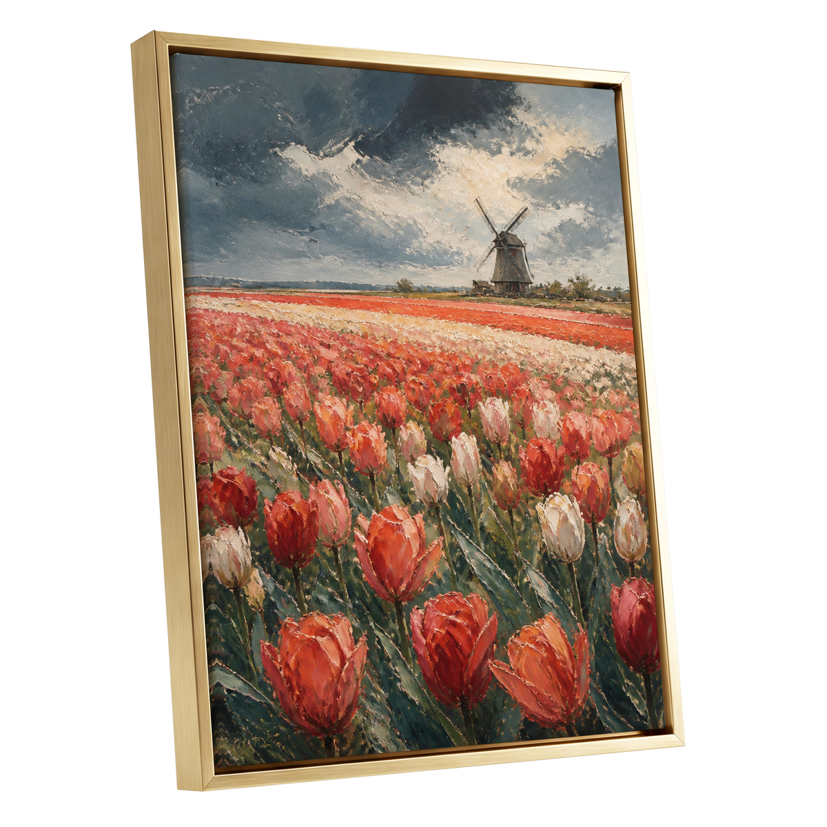 Tulips Beneath Stormlight, red, green, gray floral wall art shown as a gold framed canvas wall art