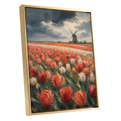 Tulips Beneath Stormlight, red, green, gray floral wall art shown as a gold framed canvas wall art