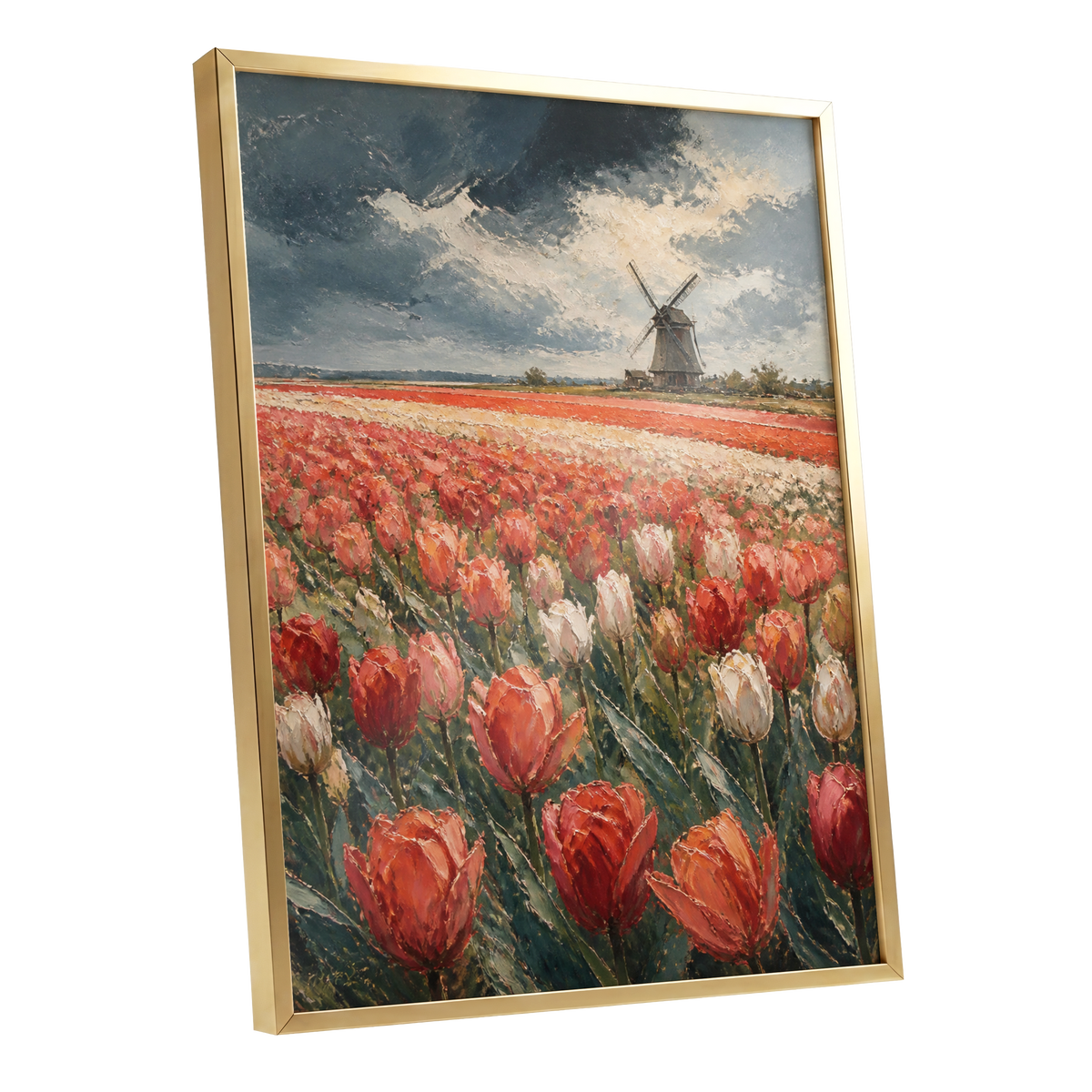 Tulips Beneath Stormlight, red, green, gray floral wall art shown as a gold framed poster wall art print