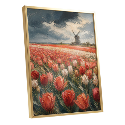 Tulips Beneath Stormlight, red, green, gray floral wall art shown as a gold framed poster wall art print