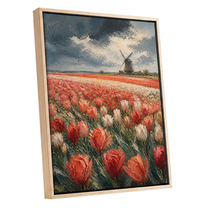 Tulips Beneath Stormlight, red, green, gray floral wall art shown as a oak framed canvas wall art