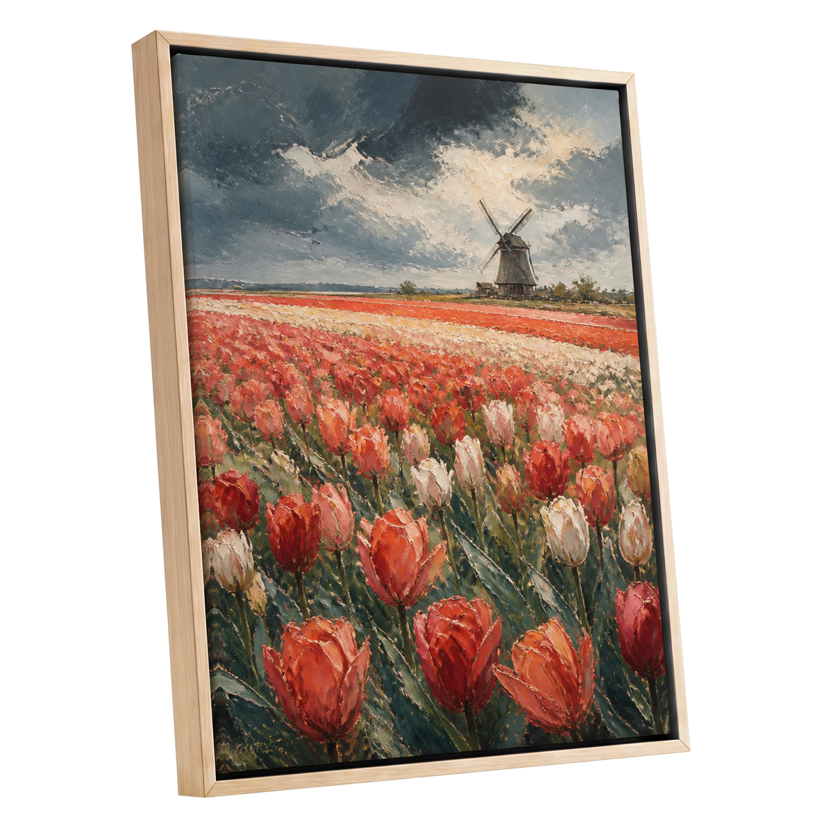 Tulips Beneath Stormlight, red, green, gray floral wall art shown as a oak framed canvas wall art